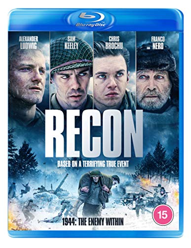 Blu-ray cover for "Recon," featuring four soldiers and a battlefield scene.