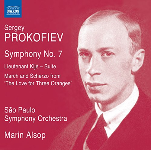 Red album cover featuring a portrait of composer Sergey Prokofiev.