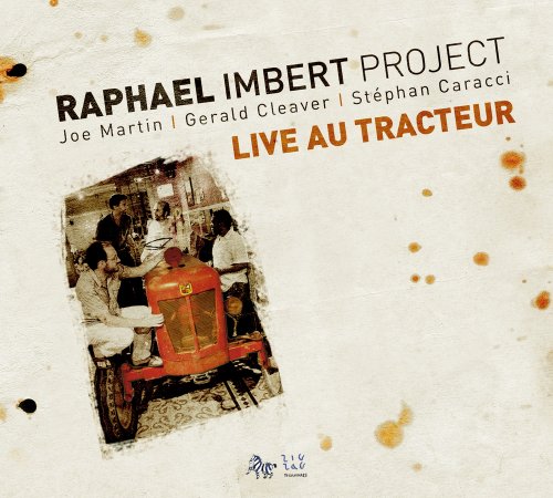 Album cover with musicians around a red tractor, beige background, and orange splatters.
