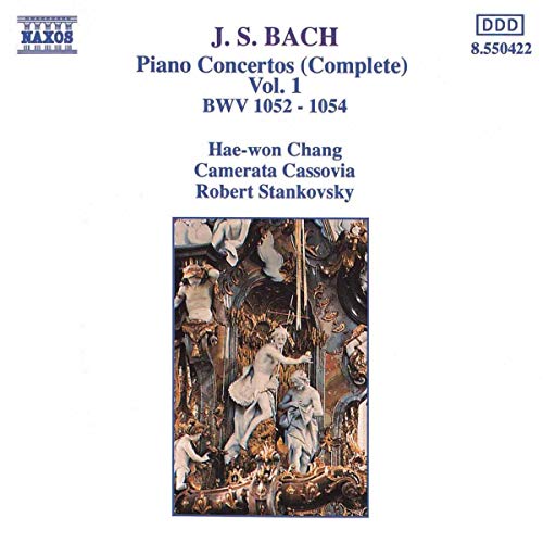 CD cover for Bach piano concertos, featuring ornate gold sculptural detail.