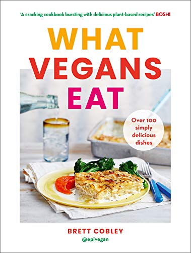 "Vegan cookbook cover featuring a plate of lasagna and the title 'What Vegans Eat'."