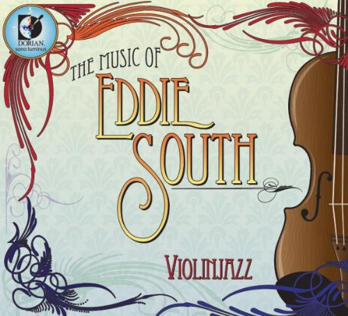 "Album cover with 'Eddie South' in large text, surrounded by violin illustrations and swirling designs."
