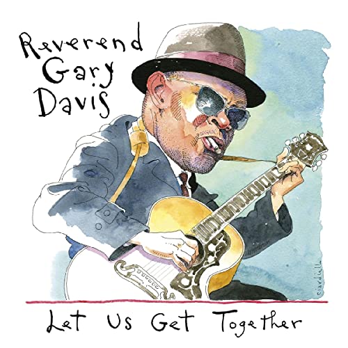 Watercolor portrait of Rev. Gary Davis playing guitar, wearing a hat and sunglasses.