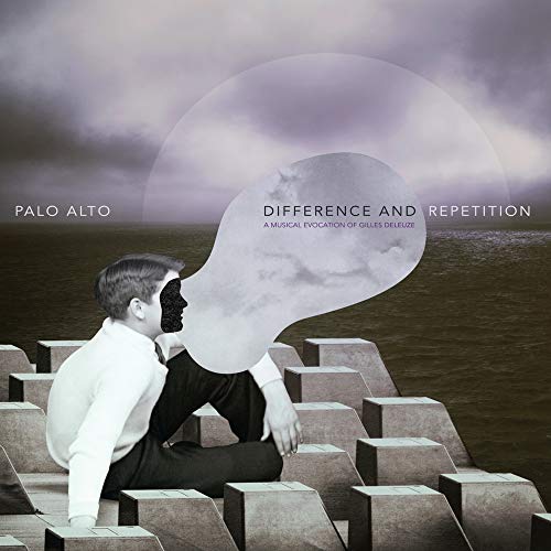 "Album cover featuring a person sitting on concrete blocks with a cloudy speech bubble."