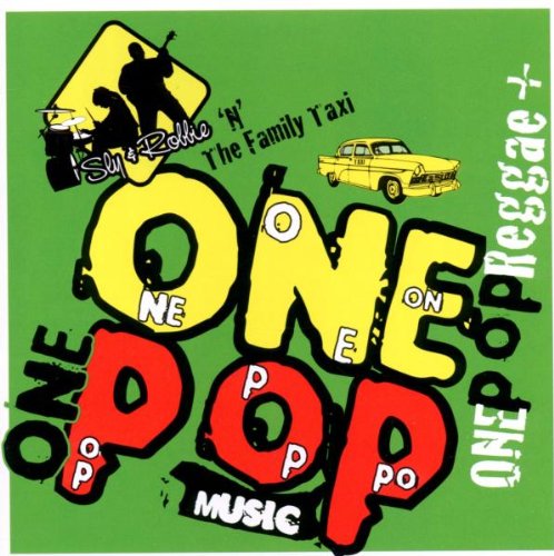"Album cover with 'One Pop Reggae' text, yellow taxi, and musician silhouettes on green background."