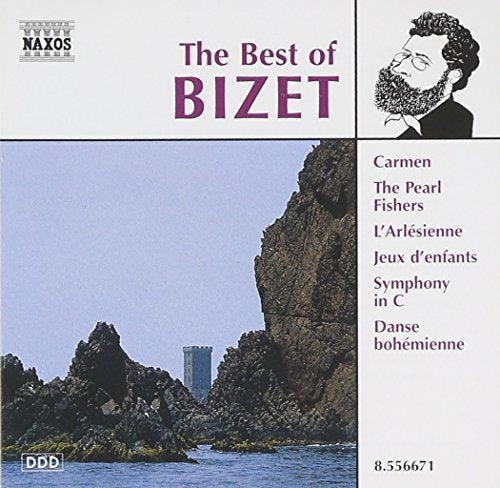 "CD cover with rocky coastline, featuring 'The Best of Bizet' and composer portrait."