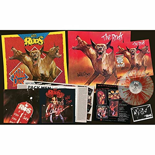 Vinyl record of The Rods’ “Wild Dogs” with splatter effect and band imagery.