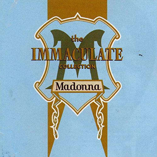 "CD cover with blue background, gold logo, and 'Madonna - The Immaculate Collection' text."