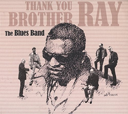 "CD cover with sketch of Ray Charles and The Blues Band members, light pink background."