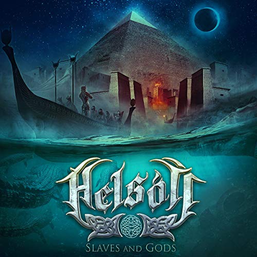 "Album cover art: 'Helsott - Slaves and Gods' with ancient Egyptian scene and silver logo."