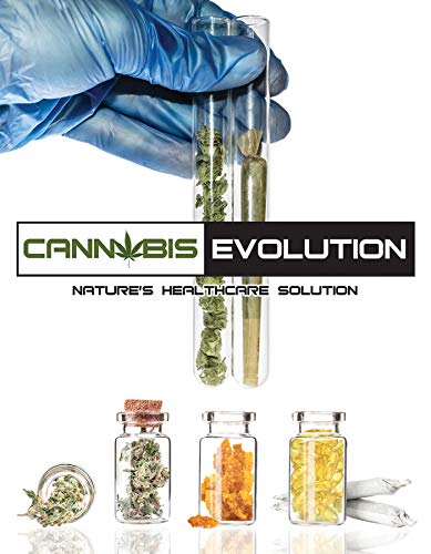 Gloved hand holding a test tube with cannabis, with jars of cannabis products below.
