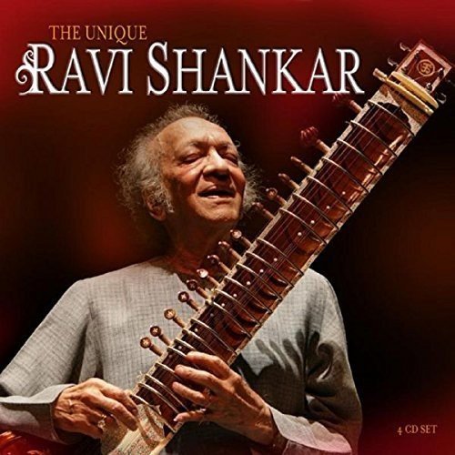 "Album cover featuring Ravi Shankar playing a sitar, with text 'The Unique Ravi Shankar'."