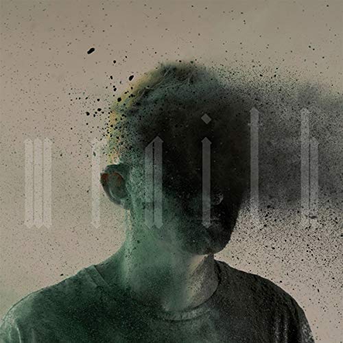 A person's head dissolving into dark particles against a light gray background.