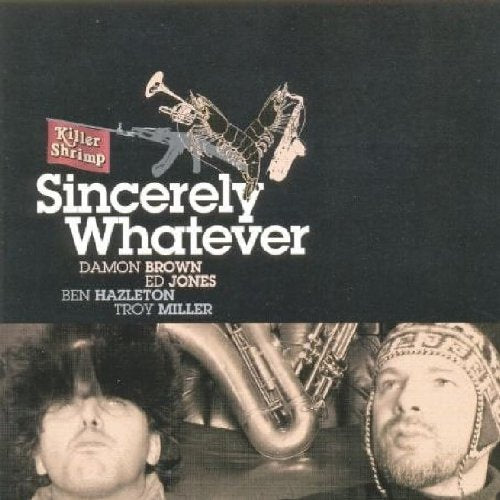 "Killer Shrimp album cover with black background, white text, and sepia-toned images of men and instruments."