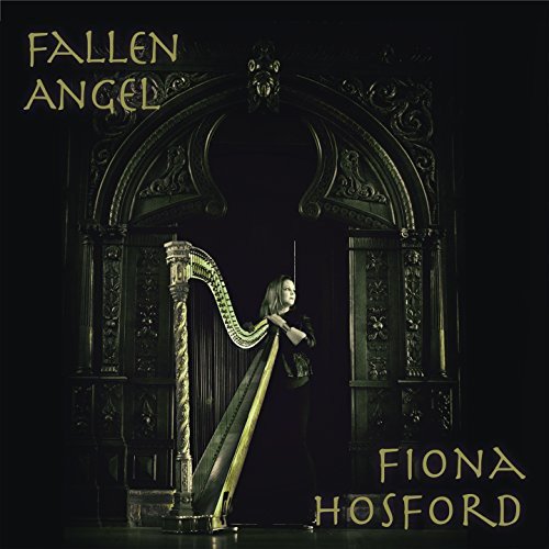 Woman in black plays harp in ornate archway, dark background, gold text "Fallen Angel".