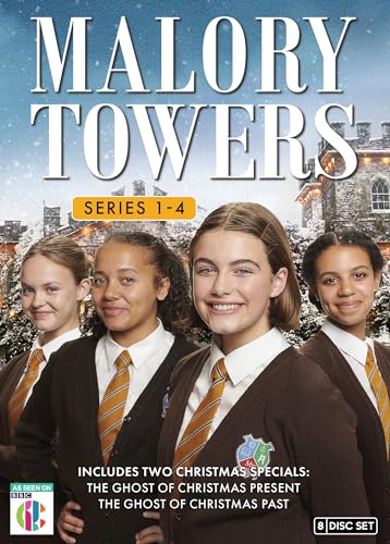 DVD cover featuring four schoolgirls in uniform against a snowy Malory Towers school background.