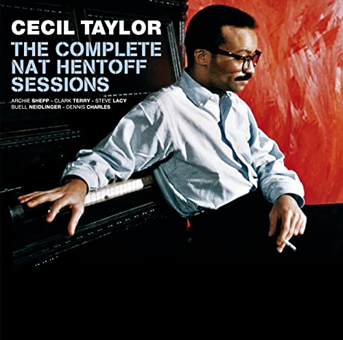 Cecil Taylor sits at a piano in this album cover with text overlay.