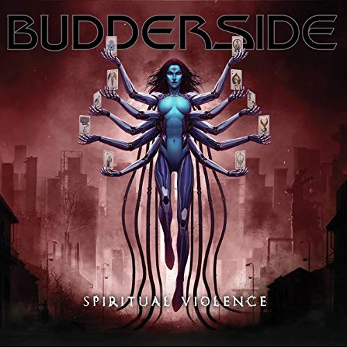 "Album cover art: blue, multi-armed figure holding cards, with cityscape in the background."