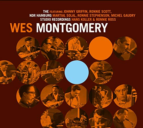 "Wes Montgomery album cover with orange-toned circular musician images on a dark red background."