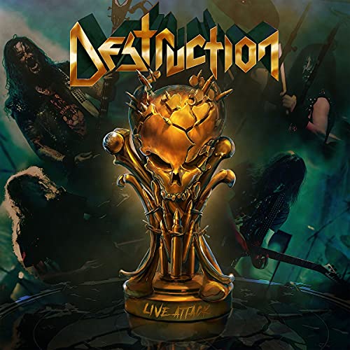 Destruction album cover: golden skull trophy with blurred musicians.