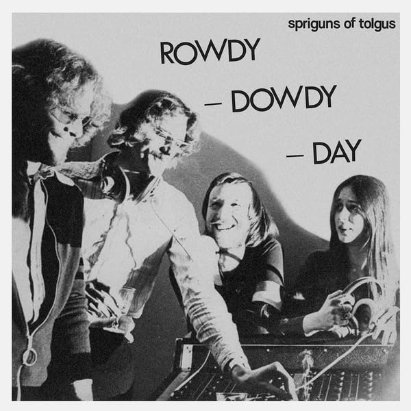 Black and white album cover featuring four people with musical instruments.