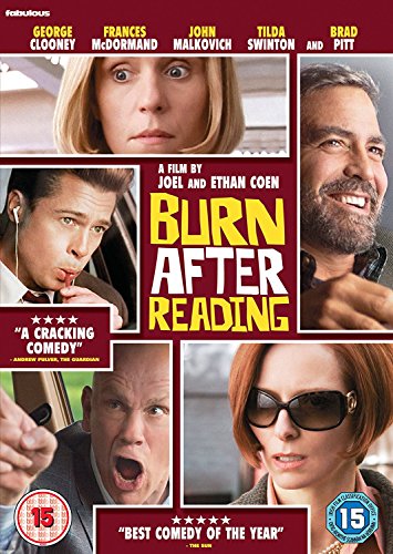 DVD cover for "Burn After Reading" featuring portraits of the film’s cast.