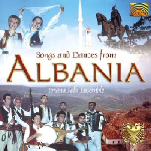 "CD cover featuring traditional Albanian musicians and dancers with a landscape background."