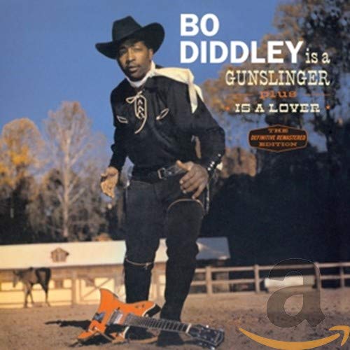 Bo Diddley in a cowboy hat, album cover for "Is A Gunslinger.