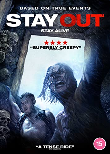 DVD cover for horror film "Stay Out" featuring a distressed woman and skulls.