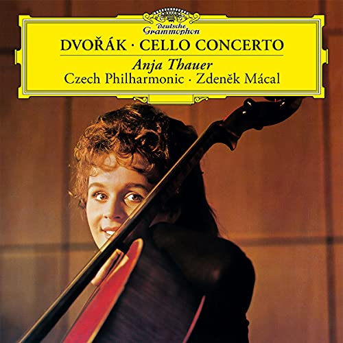Anja Thauer with a cello, album cover for Dvořák’s Cello Concerto.
