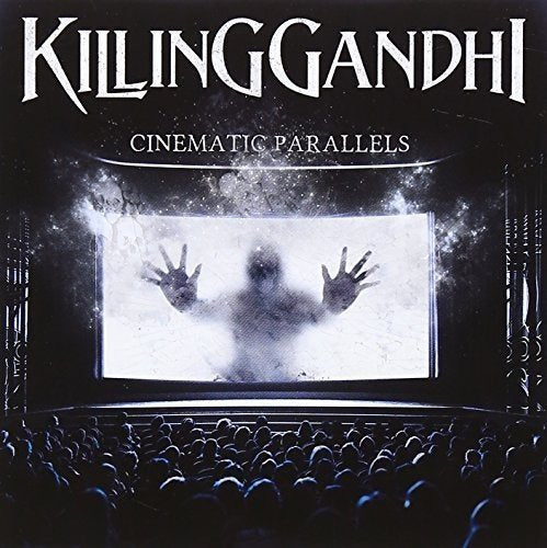 CD cover for “Killing Gandhi” with a shadowy figure in a cinema.