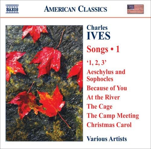 CD cover featuring bright red autumn leaves on dark stone with Charles Ives text.