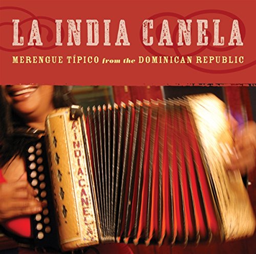 "Album cover with a woman playing an accordion, red background, and white text."