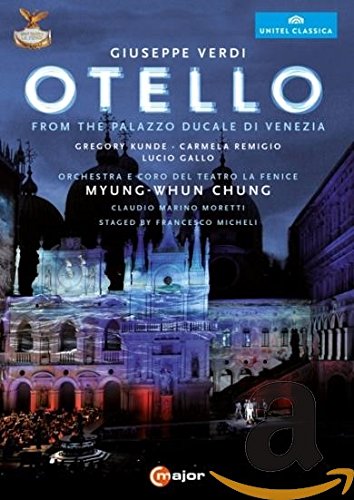 A DVD cover for "Verdi: Otello" featuring a lit Venetian palace at night.
