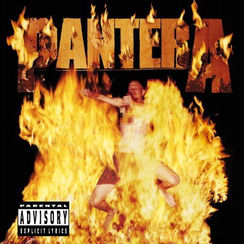 "Album cover art: man engulfed in flames with 'Pantera' text on black background."