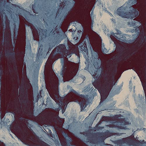 Blue-toned painting of a seated figure with abstract shapes.