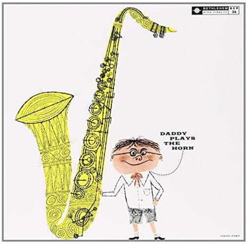 Album cover art featuring a cartoon boy standing next to a large yellow saxophone.