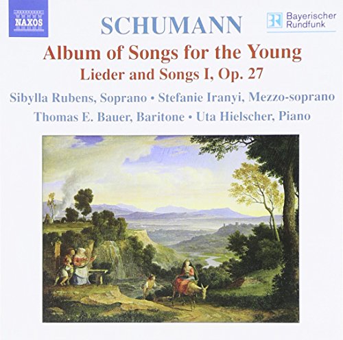 "CD cover with classical landscape painting and red and blue text on a white background."