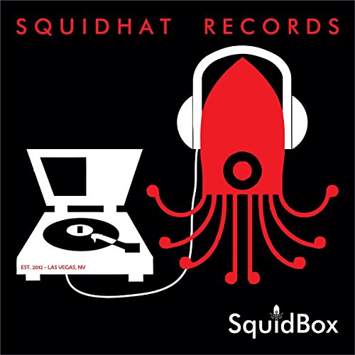 Black square with red octopus wearing headphones and a record player.