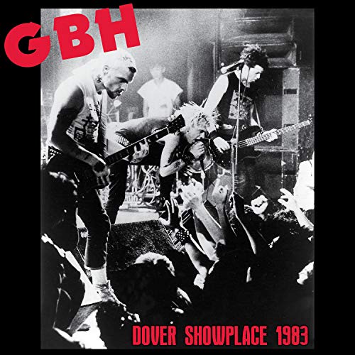 Black and white image of band performing on stage with red text overlay.