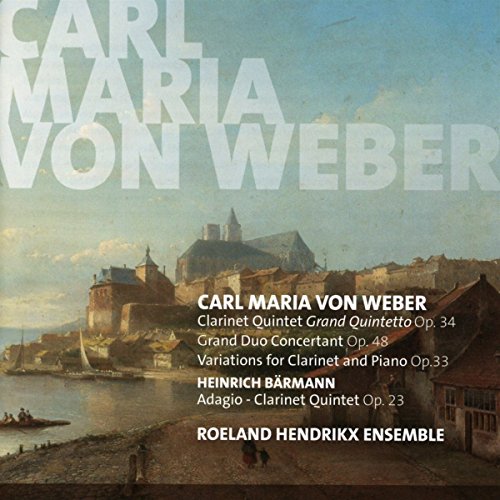 "Album cover with 18th-century town scene and white text listing musical compositions and performers."