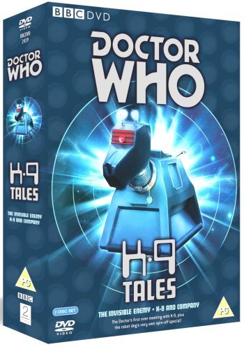 "Blue DVD box set featuring a robotic dog with glowing eyes, titled 'Doctor Who K9 Tales'."