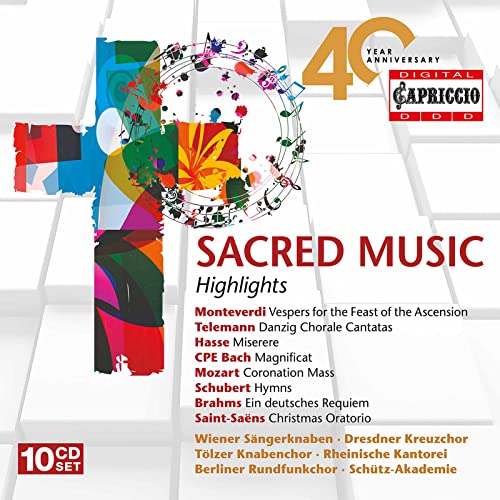 CD cover featuring a colorful cross, musical notes, and text listing sacred music highlights.