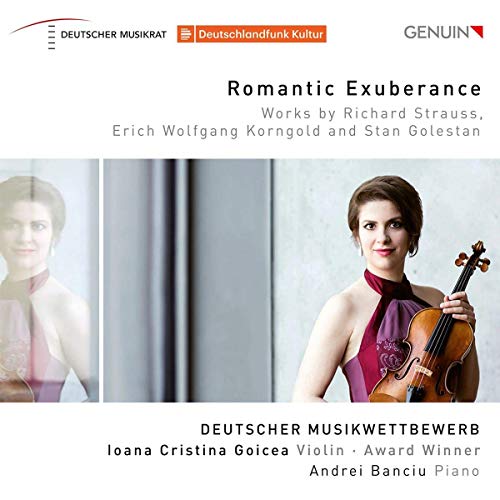 CD cover featuring a violinist and pianist, “Romantic Exuberance” title.