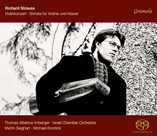 "CD cover with a man holding a violin, black and white photo on red background."