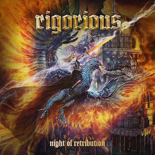 CD cover: warrior on a winged creature amidst fiery ruins.