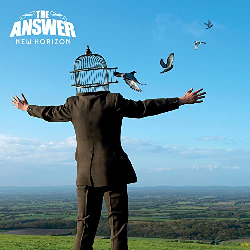 Man in suit with birdcage head, birds flying, green landscape.