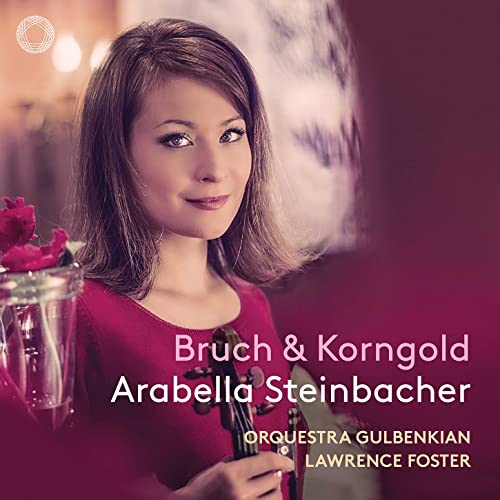 Violinist Arabella Steinbacher holding a violin, album cover for Bruch & Korngold.