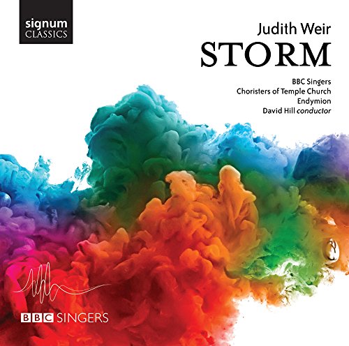 CD cover for "Storm" by Judith Weir, featuring colorful ink swirls.