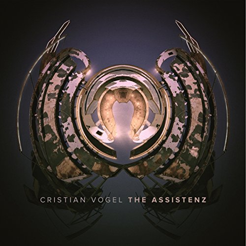 "Album cover with abstract, mirrored design and text 'Cristian Vogel The Assistenz' on dark background."